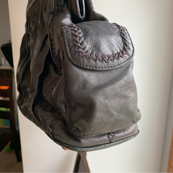 Isabella Fiore Black Leather Purse Puff Celine Large Handbag Pockets Whip Stich - Picture 8 of 14